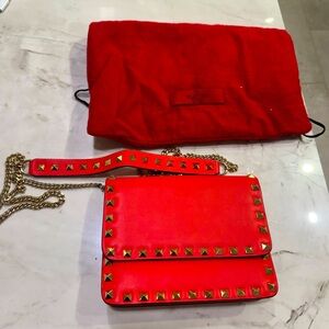 Valentino Calfskin Mini Rockstud Flap Compact Wallet with Chain - red orange